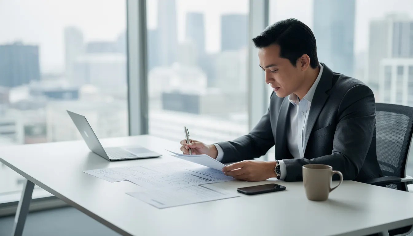 The image depicts a senior finance professional, likely a chief financial officer, reviewing detailed financial documents in a modern office environment, emphasizing the critical role of financial management and strategic financial guidance in supporting the leadership team of a startup. The setting reflects a focus on informed decisions and financial strategy essential for early stage companies.