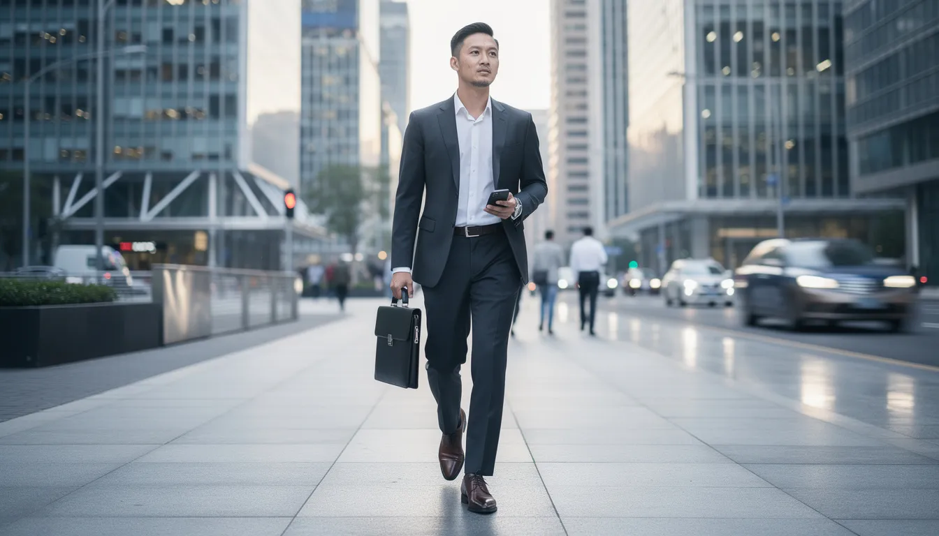 A professional in business attire walks confidently through a modern financial district, reflecting the role of a chief financial officer (CFO) in overseeing financial operations and strategic planning within an organization. The bustling environment highlights the importance of financial management and analysis in today's business climate.