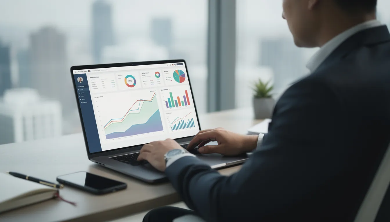 A senior finance professional is focused on their laptop, analyzing financial charts and graphs that display key metrics for strategic financial guidance. This image captures the critical role of a chief financial officer in managing financial planning and providing detailed reports essential for informed decisions in a startup environment.