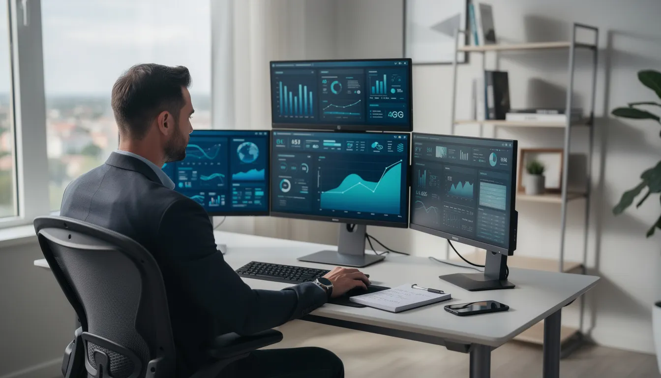 A professional executive is working remotely at a desk surrounded by multiple screens displaying various business dashboards, reflecting the operational efficiency and strategic guidance often sought from fractional executives. This setup showcases the modern approach to fractional leadership, where experienced leaders manage multiple clients and organizations simultaneously.