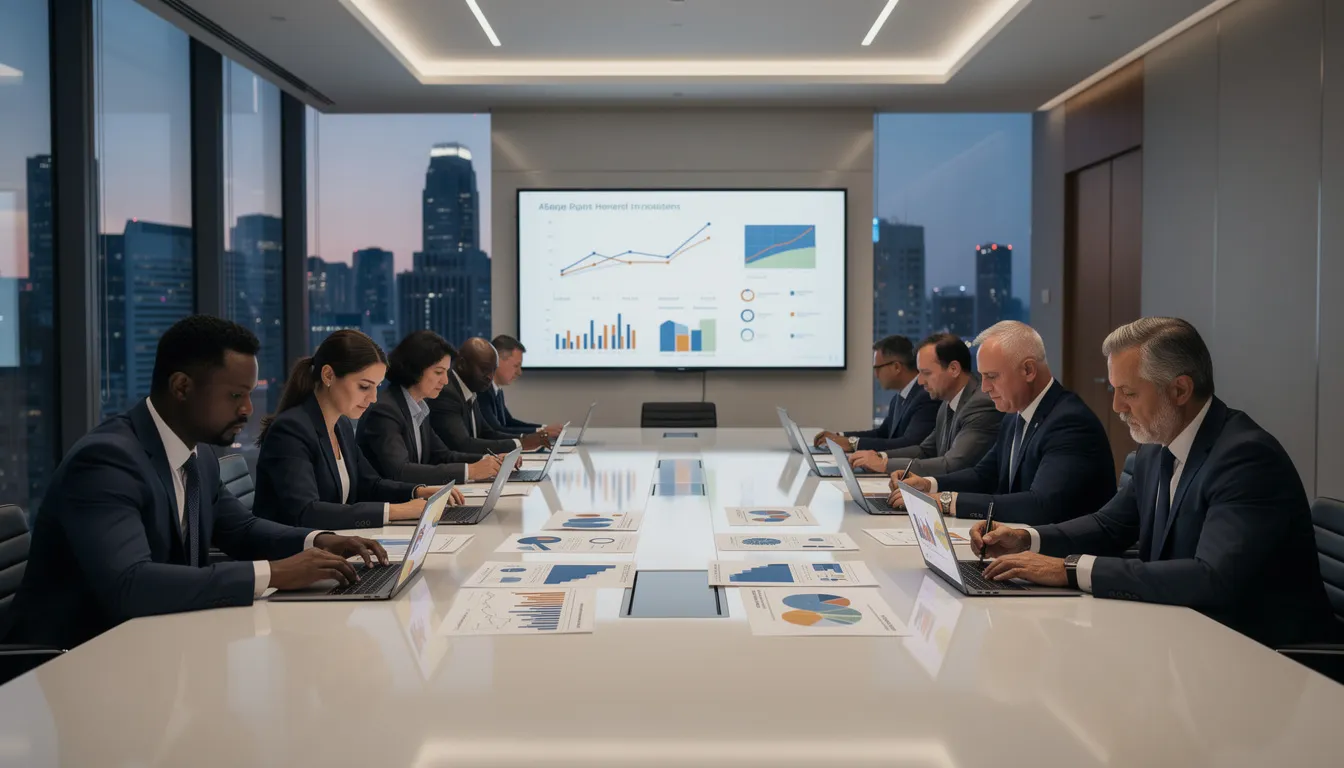 In a modern boardroom, business executives, including a chief financial officer, are reviewing financial reports and analyzing financial data to make strategic decisions. The atmosphere reflects strong leadership skills as they discuss financial management and compliance in their organization.