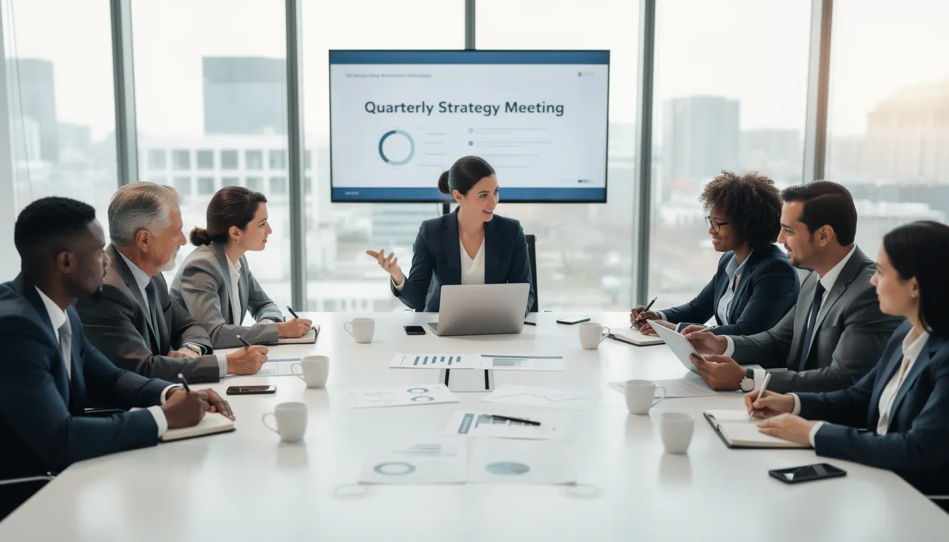 A group of business professionals, including a new chief financial officer, is collaborating around a conference table, discussing financial data and strategies to enhance the organization's financial health. They are focused on financial analysis and planning, aiming to make sound financial decisions that align with the company's strategic direction.