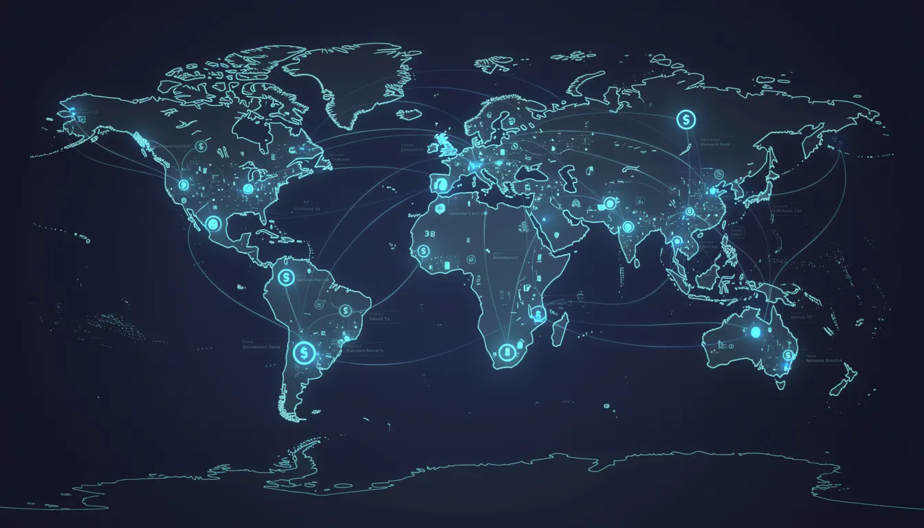 The image depicts a global map showcasing interconnected payment nodes, illustrating the flow of international money transfers. This visual representation emphasizes the importance of financial management and cash flow in facilitating global financial operations and transactions.