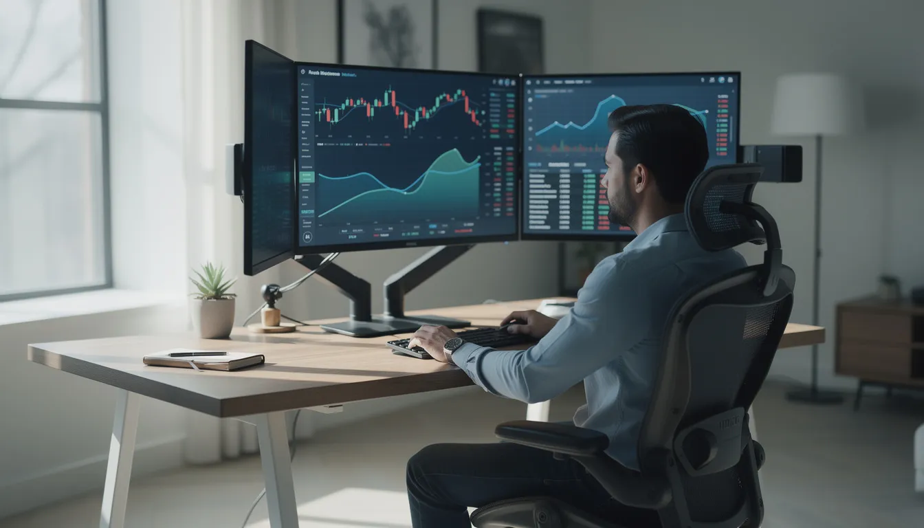 A professional is seated at a modern home office, working diligently at dual monitors that display various financial data and graphs, reflecting their role as a trusted advisor in financial operations. The setup emphasizes clear communication and collaboration, essential skills for a chief financial officer managing resources and supporting the executive leadership team.