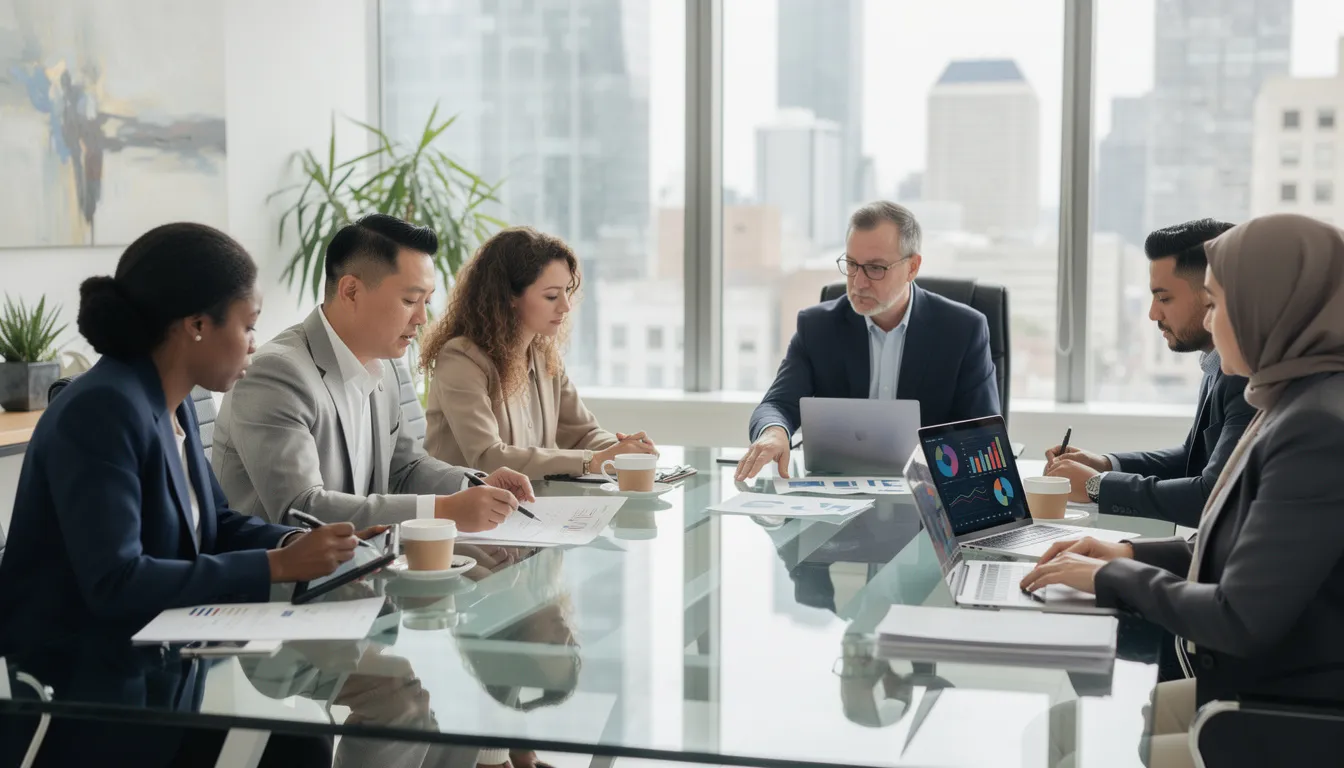 A diverse group of entrepreneurs is gathered around a table, actively discussing their small business financing options with a financial advisor. They are exploring various avenues such as small business loans, business credit, and alternative lenders to support their business needs and improve cash flow.
