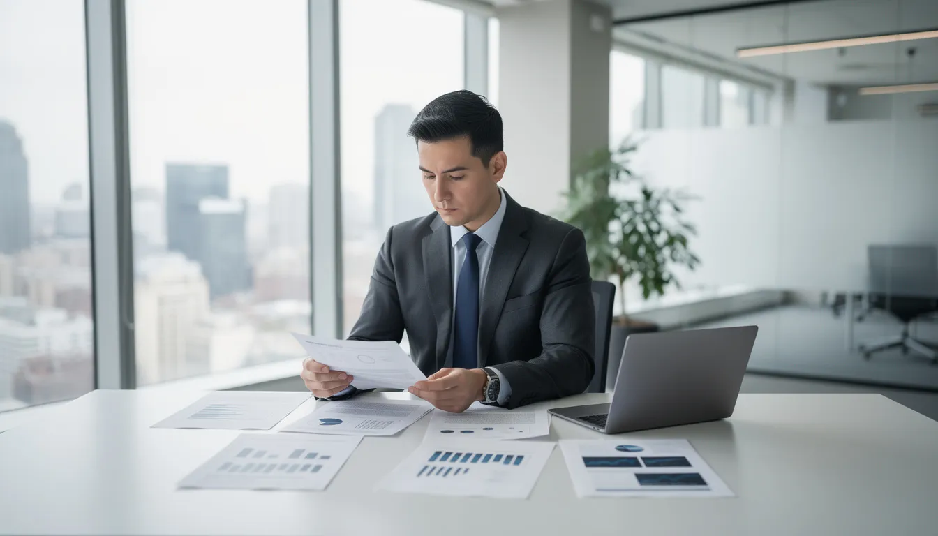 A professional dressed in business attire is seated at a modern office desk, reviewing financial documents and reports, which reflect the organization's financial operations and compliance with regulatory entities. This scene highlights the importance of financial expertise in analyzing data for strategic decision-making within the finance department.