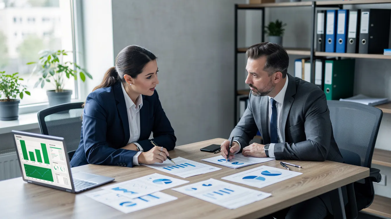 A professional financial advisor is seated at a desk, reviewing financial statements and documents with a business owner, discussing the company's financial performance and providing insights into earnings analysis. The advisor focuses on key metrics such as cash flow and net working capital to assess the business's financial health and potential for future performance.