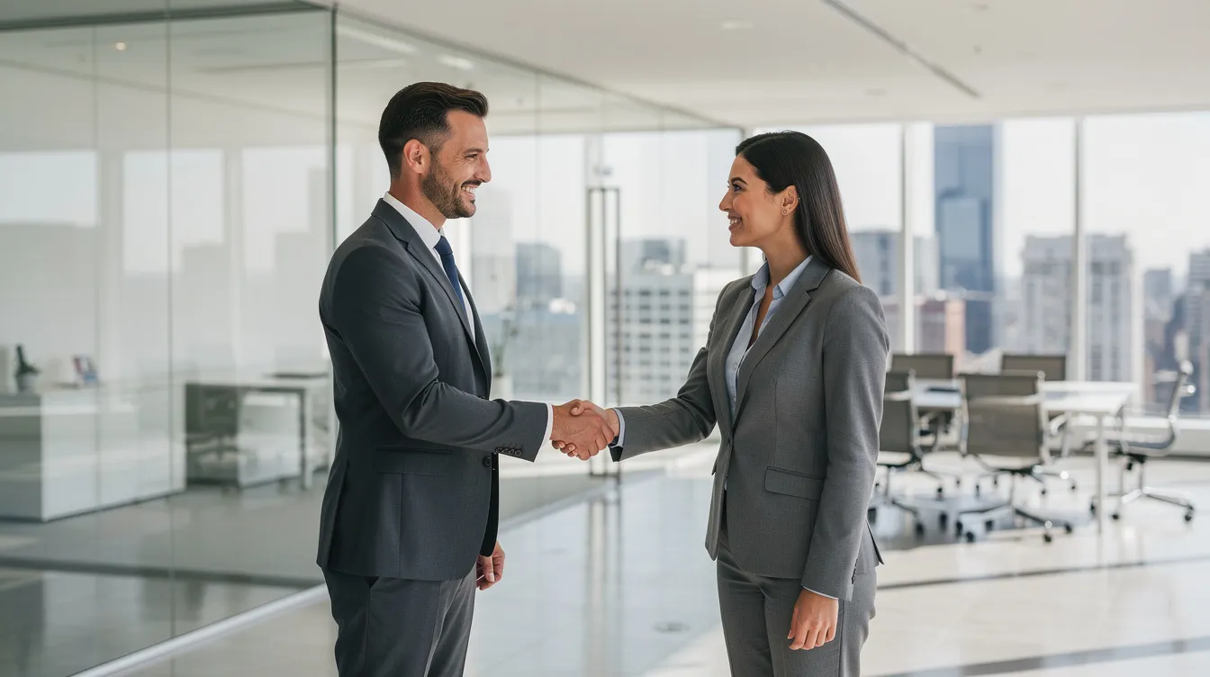 The image depicts two business professionals shaking hands in a modern office setting, symbolizing a successful partnership or agreement. This gesture reflects the importance of financial performance and quality of earnings in fostering strong business relationships.