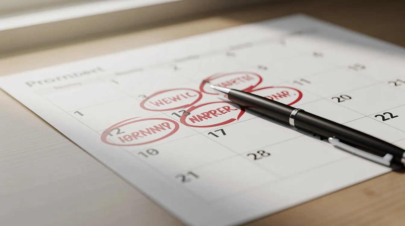 The image shows a calendar with several important dates circled, indicating significant deadlines, while a pen rests on top, ready for notes. This visual representation is useful for taxpayers to remember key dates related to tax benefits, such as the child tax credit and deadlines for filing tax returns.