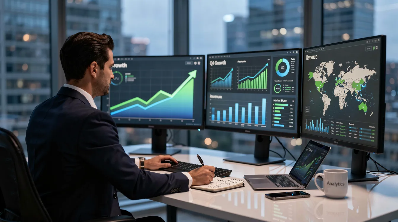 A business professional is intently analyzing growth charts displayed on multiple monitors, surrounded by financial reports and strategic documents, reflecting the complexities of financial management and the importance of expert financial guidance for informed decision-making. This scene highlights the role of fractional CFO services in optimizing cash flow and supporting sustainable growth objectives.