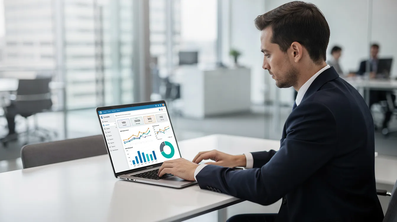 A business professional is focused on a laptop displaying a modern cloud software dashboard, which features visualizations of financial data such as cash flow and profit and loss statements, essential for maintaining accurate financial records and making informed business decisions. This setup is particularly beneficial for small business owners aiming to enhance their financial management and overall business health.