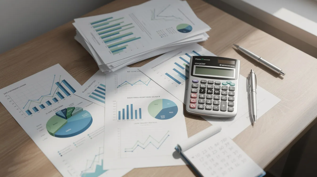 The image depicts a cluttered desk with various financial charts and graphs, alongside a calculator, emphasizing the importance of cash flow management and forecasting for a business's financial health. This setup illustrates the analysis of cash inflows and outflows, essential for effective cash flow projections and maintaining a positive net cash flow.
