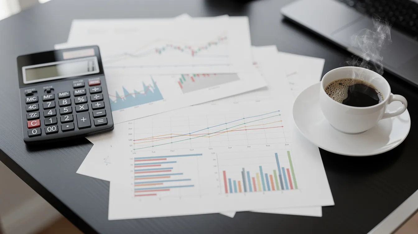 The image depicts a professional desk featuring a calculator, financial charts, and a coffee cup, symbolizing the financial recasting process and business valuation efforts that business owners engage in while analyzing their company's financial statements and performance. This setup reflects the meticulous work involved in calculating adjusted EBITDA and assessing the fair market value of a business.