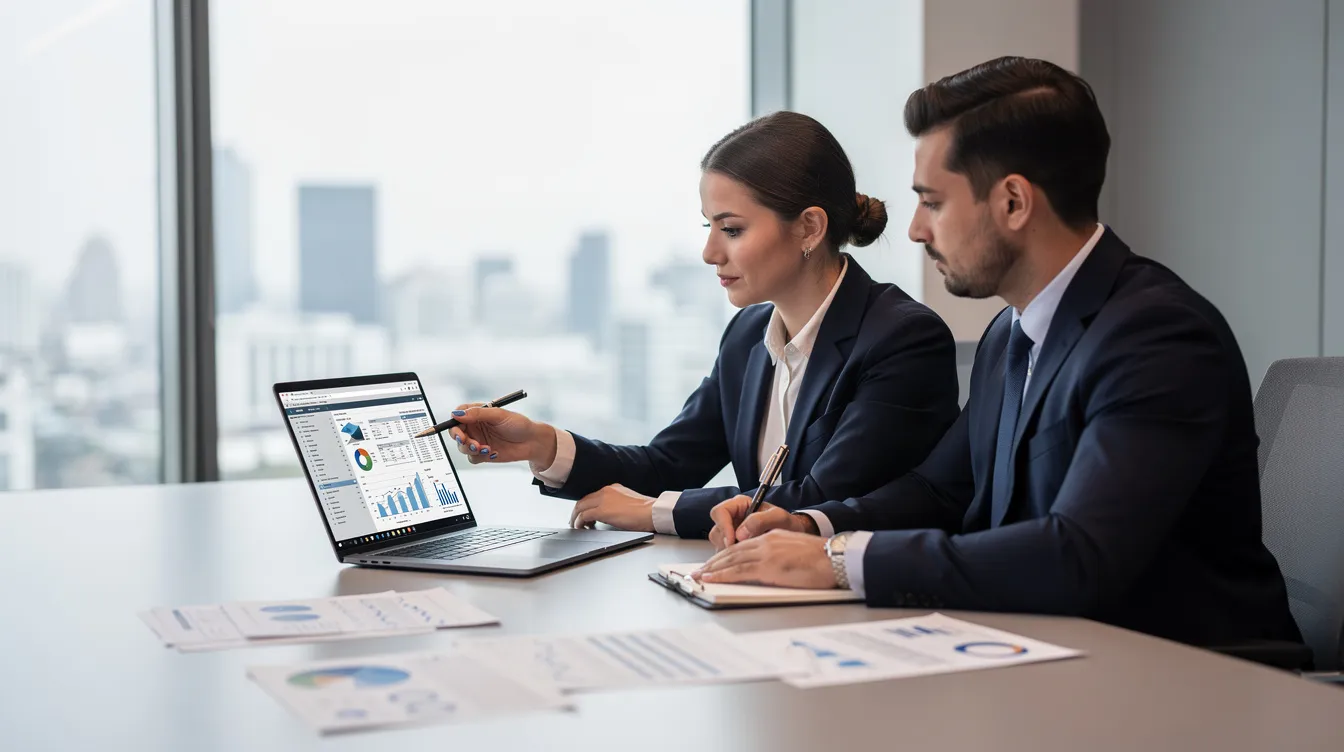 In the image, two professionals are engaged in a business meeting, intently reviewing financial documents displayed on a laptop. The scene reflects a collaborative atmosphere focused on strategic financial guidance and effective cash flow management, highlighting the importance of financial operations in achieving business objectives.