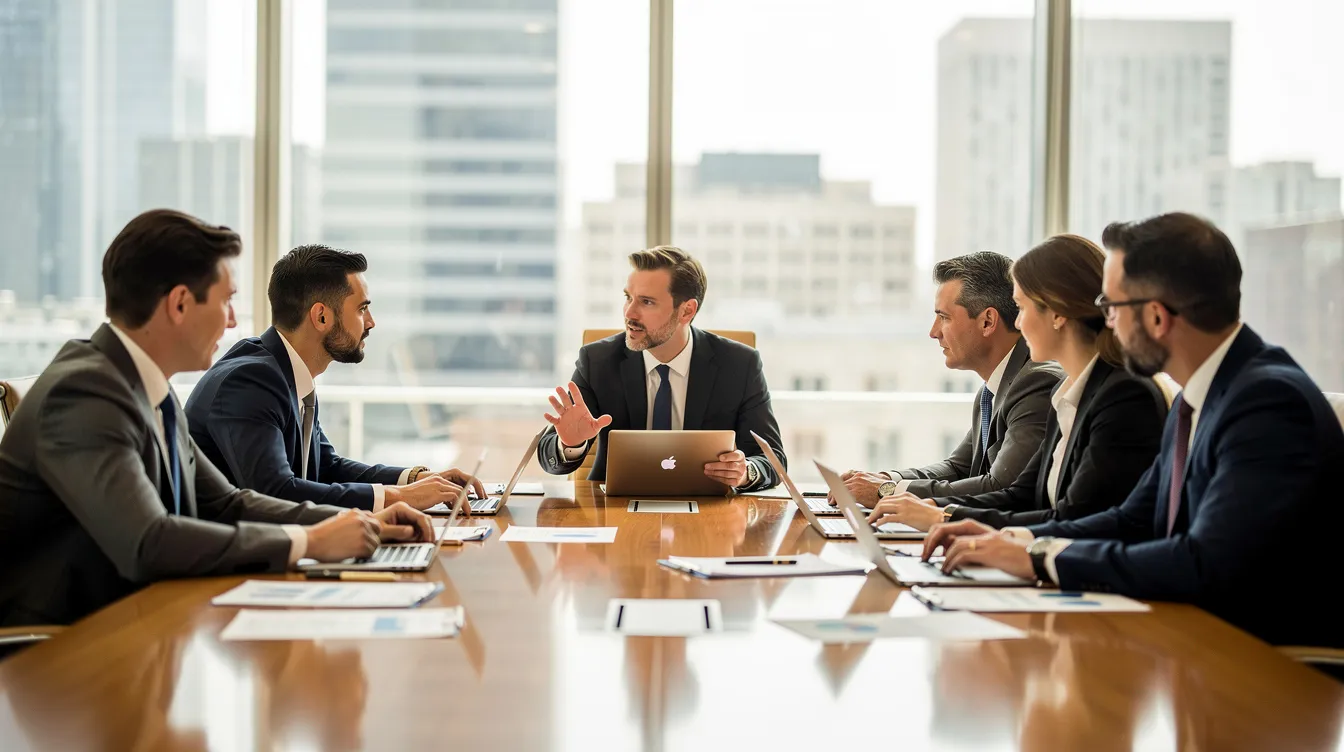 A group of professionals is engaged in a business meeting around a table, discussing cash flow management strategies and financial health. They appear focused on topics such as cash flow forecasting, net cash flow, and the importance of accurate cash flow projections for ensuring the company's financial stability.