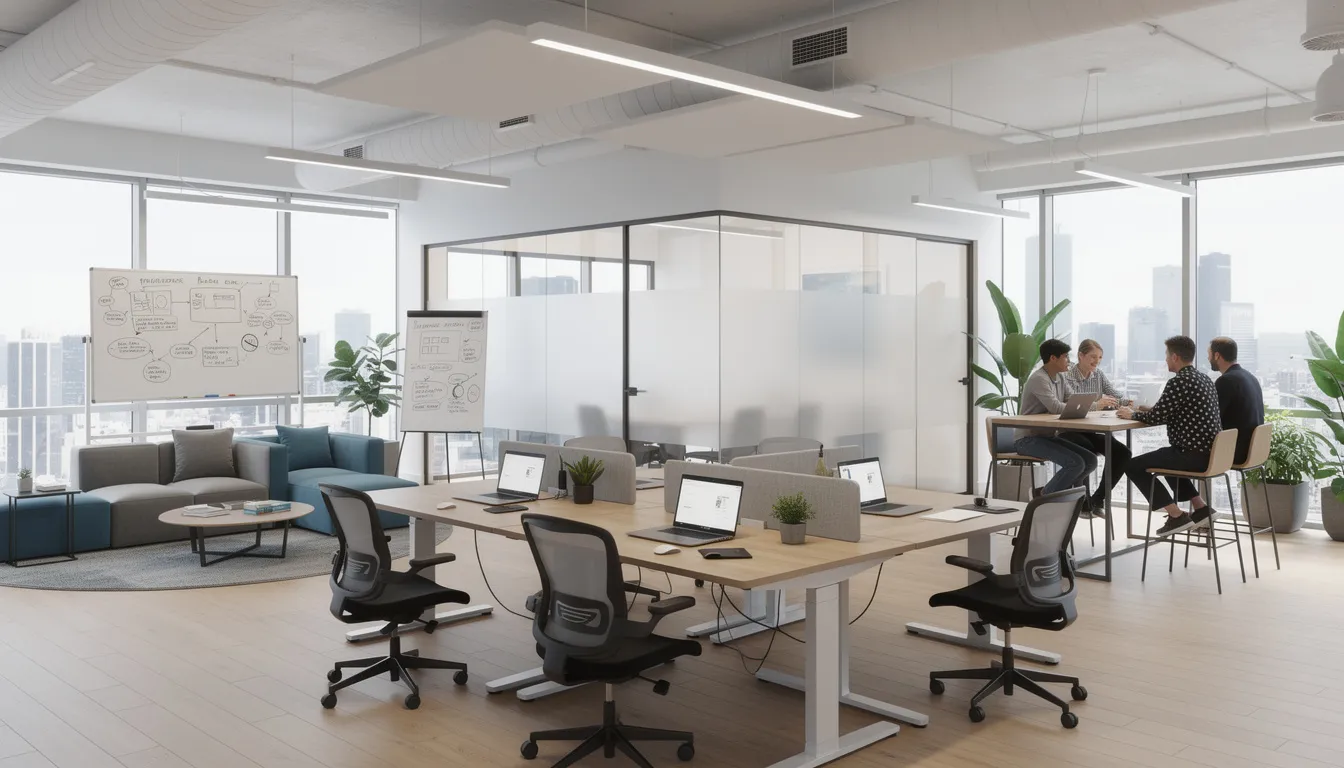 The image depicts a modern open office space designed for hybrid work, featuring flexible hot desk arrangements and collaboration zones that encourage teamwork among remote and hybrid workers. This layout supports employee engagement and productivity, promoting a better work-life balance in a dynamic company culture.