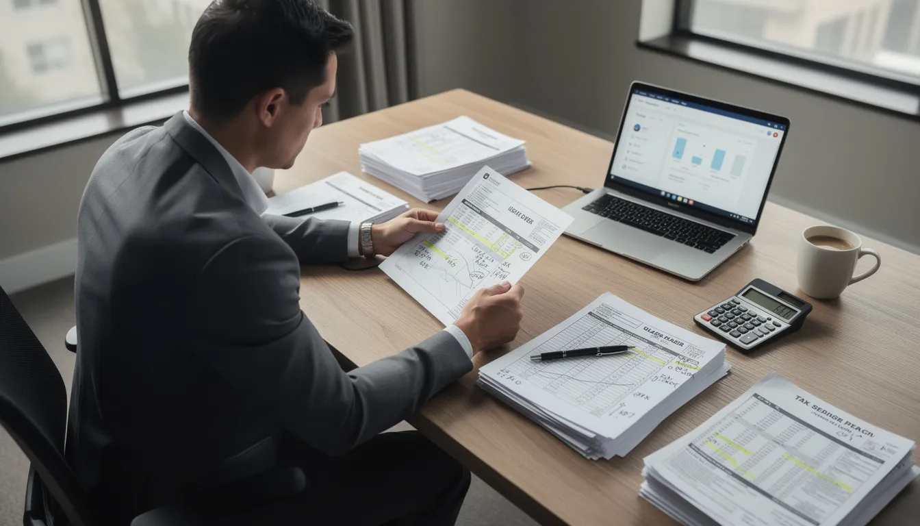 A professional is seated at a desk, meticulously reviewing financial documents and tax forms, highlighting the importance of maintaining accurate records for remote and hybrid work arrangements. The scene captures the essence of work-life balance and employee productivity in a modern office space.