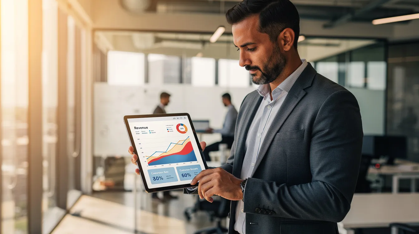 A business owner is intently reviewing dashboard metrics on a tablet, analyzing key financial data to enhance cash flow management and strategic planning. This scene reflects the importance of informed decision-making in financial operations, often supported by fractional CFO services for improved financial health.