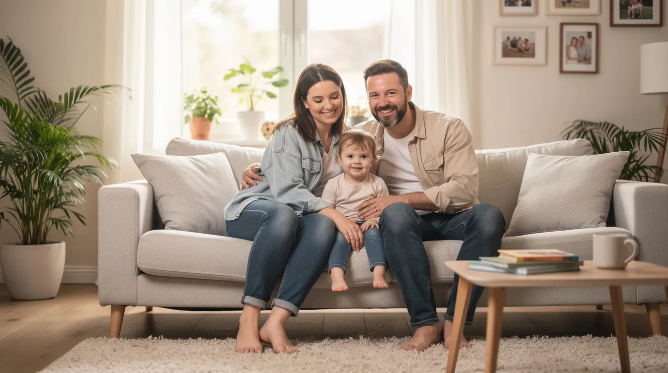A family of four, consisting of two young children and their parents, is sitting together on a cozy couch in a well-lit living room, surrounded by warm decor and playful toys. The scene captures a joyful moment, emphasizing the bond of married couples as they enjoy quality time together.