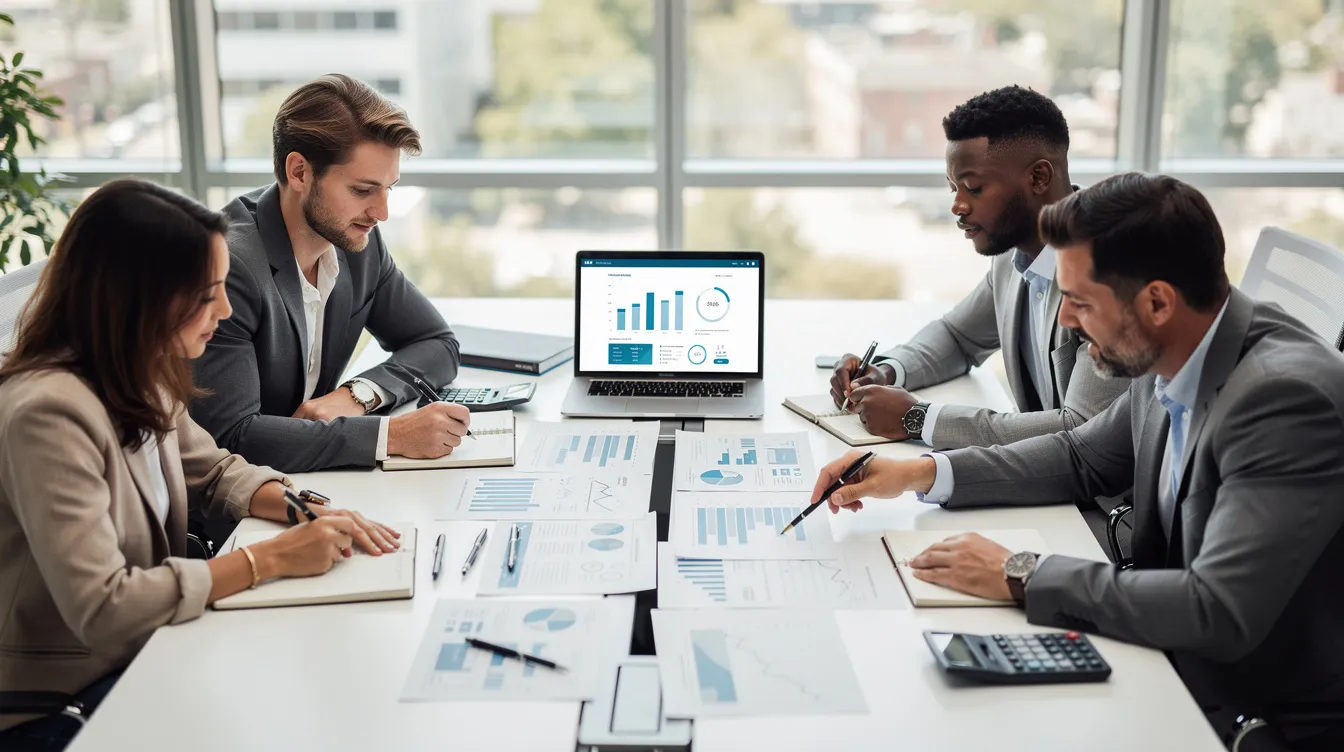 A small business team is gathered around a conference table, intently reviewing financial documents related to their tax strategies, including discussions on modified adjusted gross income and the beautiful bill act. The atmosphere is collaborative as they analyze various tax benefits and deductions that may impact their taxable income.