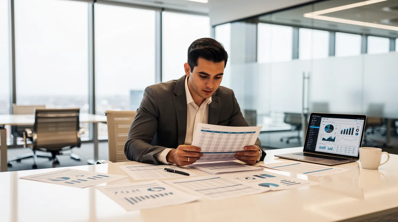A professional sits at a modern desk in an office, intently reviewing financial documents that include cash flow statements and projections. The scene highlights the importance of effective cash flow management strategies for ensuring the company's financial health and stability.