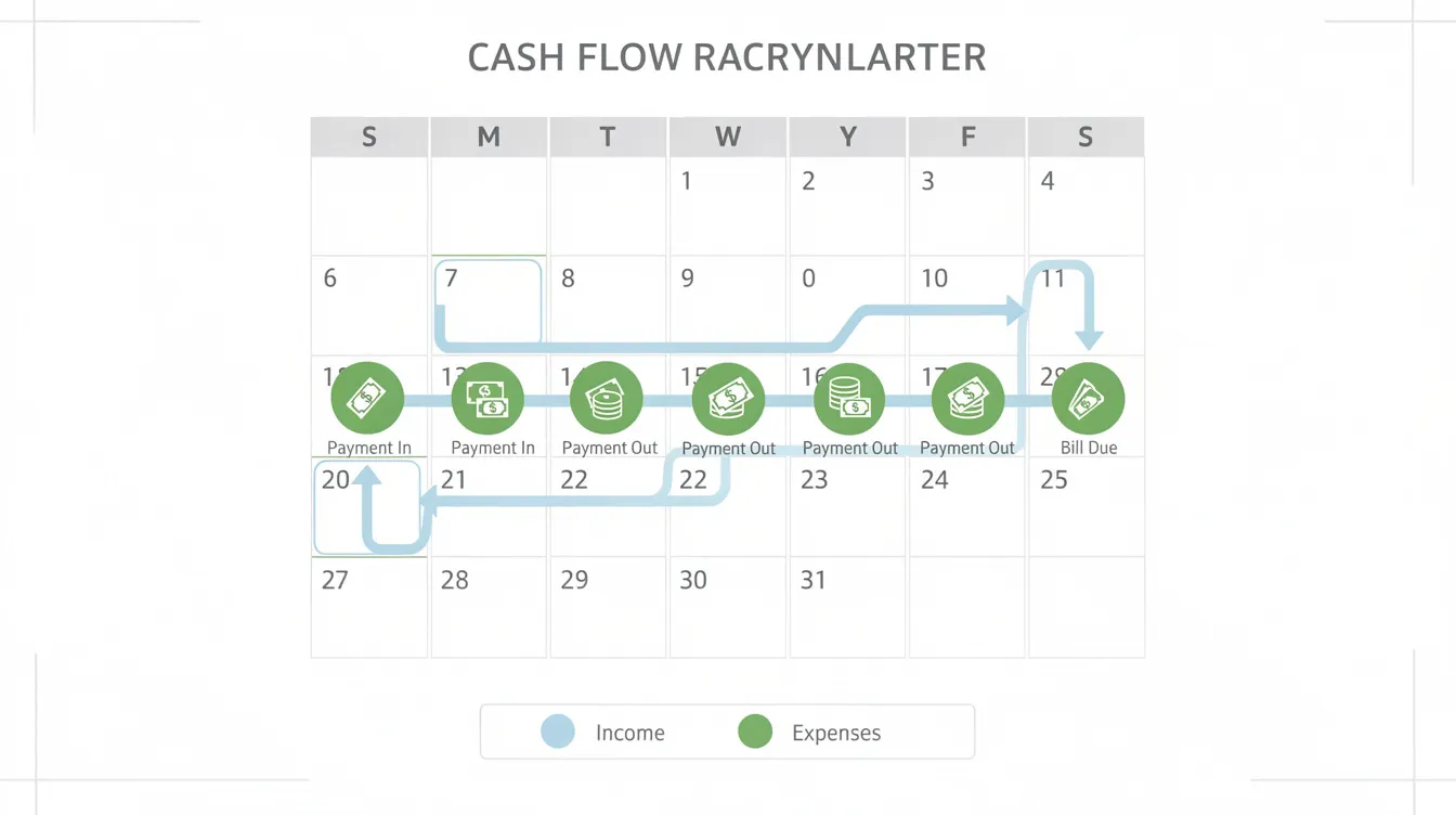 The image depicts a calendar with specific payment dates highlighted, illustrating the timing of cash flow for a business. This visual representation helps small business owners track customer payments, loan repayments, and expenses to ensure a healthy bank balance and avoid cash flow problems.