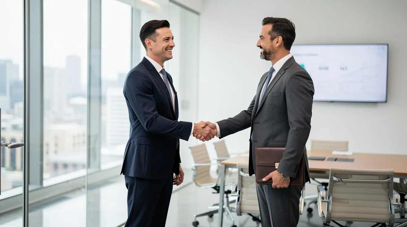 In a modern office setting, a business owner is shaking hands with a professional, symbolizing a partnership or agreement that may involve financial discussions related to business valuation and financial performance. The interaction highlights the importance of accurate assessments of company financials, such as adjusted EBITDA and seller's discretionary earnings, for potential buyers.
