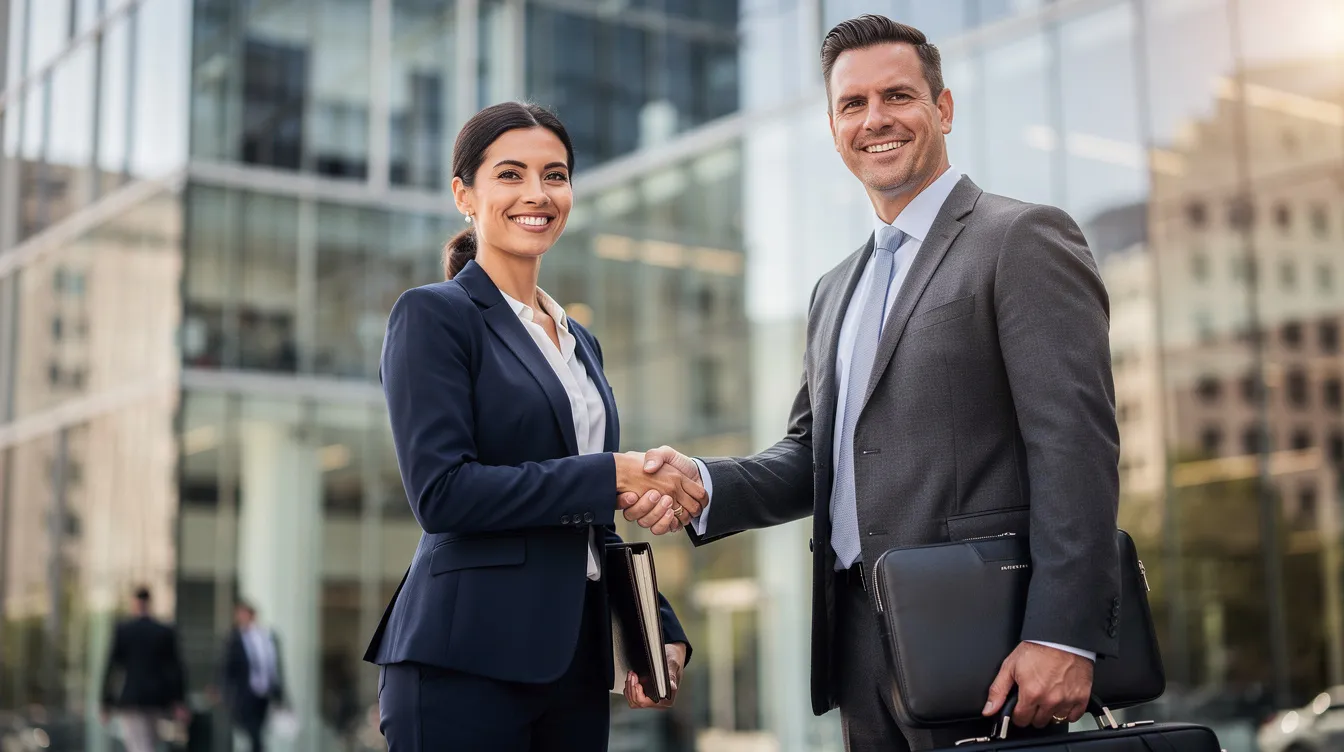 The image depicts two business professionals shaking hands in front of a modern office building, symbolizing a successful partnership or agreement. This scene reflects the importance of collaboration in achieving economic growth and navigating the complexities of the tax code, including aspects like taxable income and tax benefits for businesses.