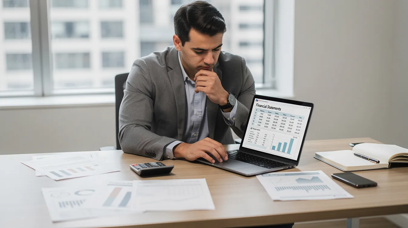 A business owner sits at a desk, focused on reviewing financial statements on a laptop, including cash flow reports and profit and loss statements, to assess their bank balance and ensure enough cash for business expenses and loan repayments. This scene highlights the importance of tracking income and expenses for small business owners to maintain profitability and avoid cash flow problems.