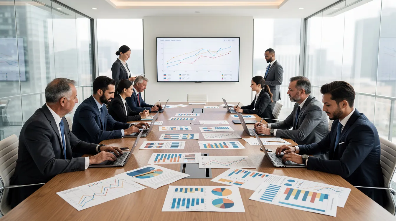 A group of business professionals is gathered around a conference table, intently reviewing financial documents and charts, including balance sheets and income statements, to assess the company's financial performance and potential market value. They discuss critical aspects such as adjusted EBITDA and one-time expenses to ensure an accurate representation of the company's worth for prospective buyers.