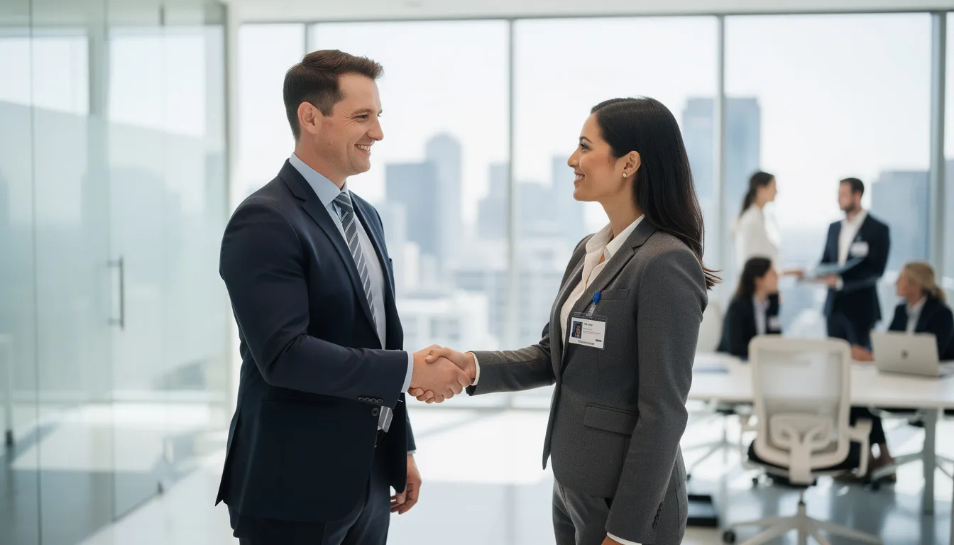 In a modern office environment, two business professionals are shaking hands, symbolizing collaboration and partnership. This scene reflects the growing trend of hybrid work arrangements, emphasizing the importance of face-to-face interaction in fostering company culture and employee engagement.