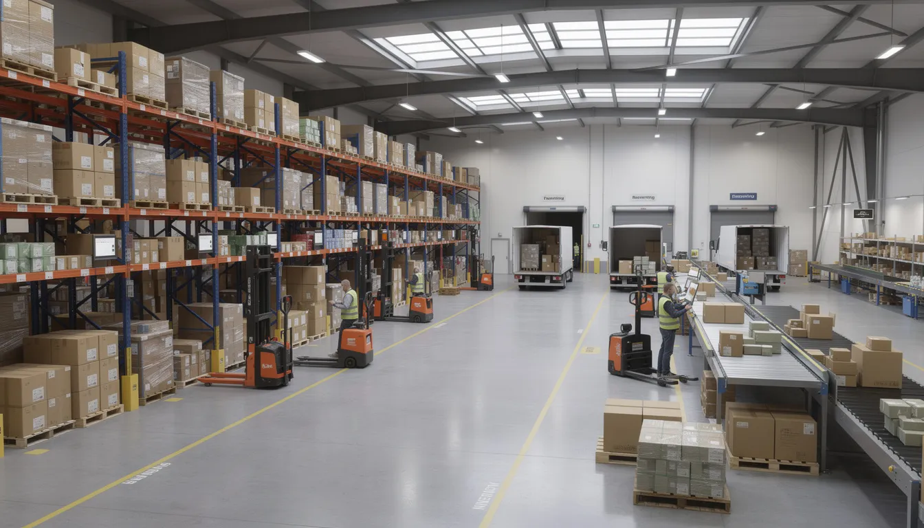 The image depicts a well-organized warehouse featuring neatly arranged inventory and efficient shipping operations, essential for successful retailers to manage operating costs and enhance profit margins. This streamlined inventory management system is crucial for calculating retail margins and boosting overall profitability.