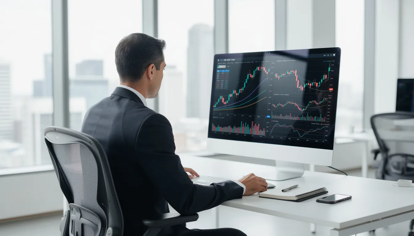 A professional is intently reviewing financial charts displayed on a computer screen in a modern office, focusing on key metrics such as gross profit margin and retail price to enhance profitability and influence profit margins. The setting reflects a dynamic pricing strategy aimed at boosting profits for successful retailers.