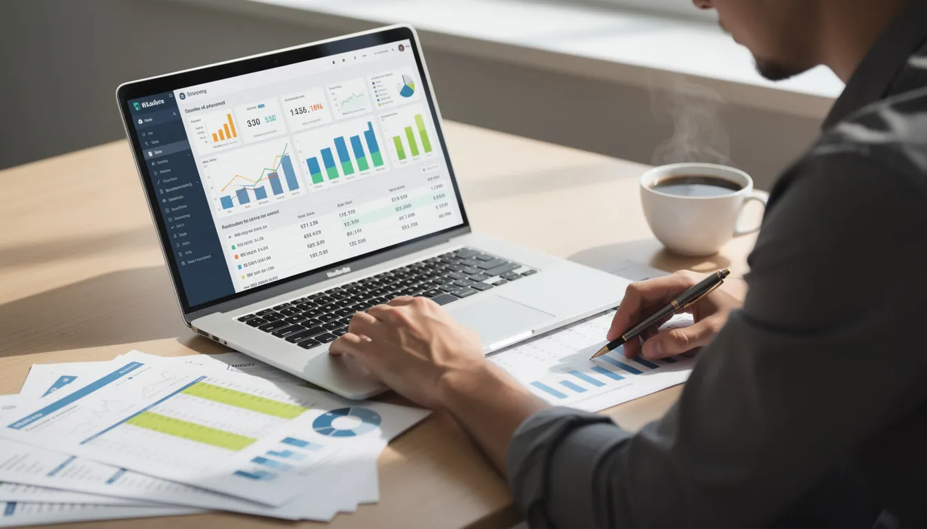 A person is seated at a desk, analyzing sales data on a laptop, surrounded by financial reports and a cup of coffee. The scene reflects a focus on calculating retail margins and understanding profit margins to boost profits for their business.