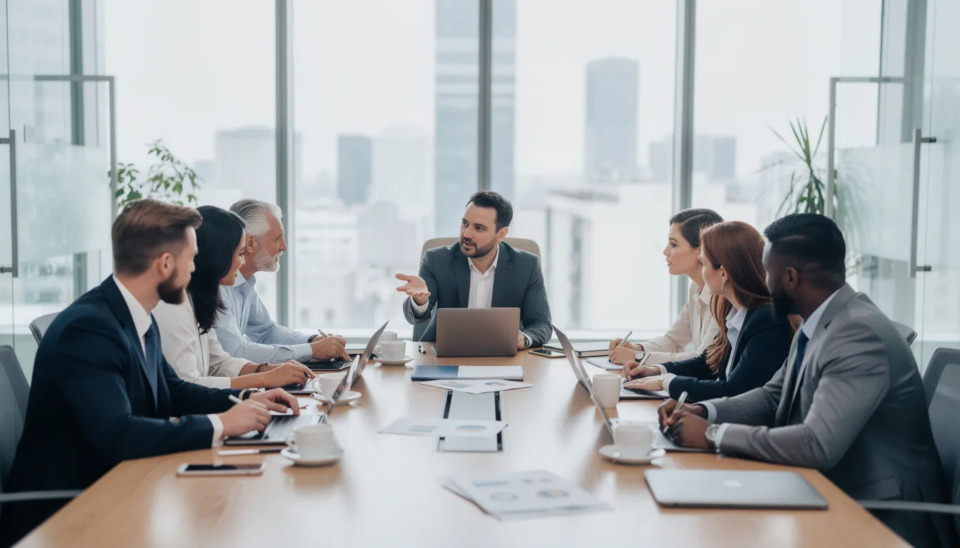 A diverse team of skilled professionals collaborates around a modern conference table, engaging in face-to-face interaction to enhance communication and team building. This setting reflects a hybrid work model, supporting both remote and on-site employees in achieving better work-life balance and increased productivity.