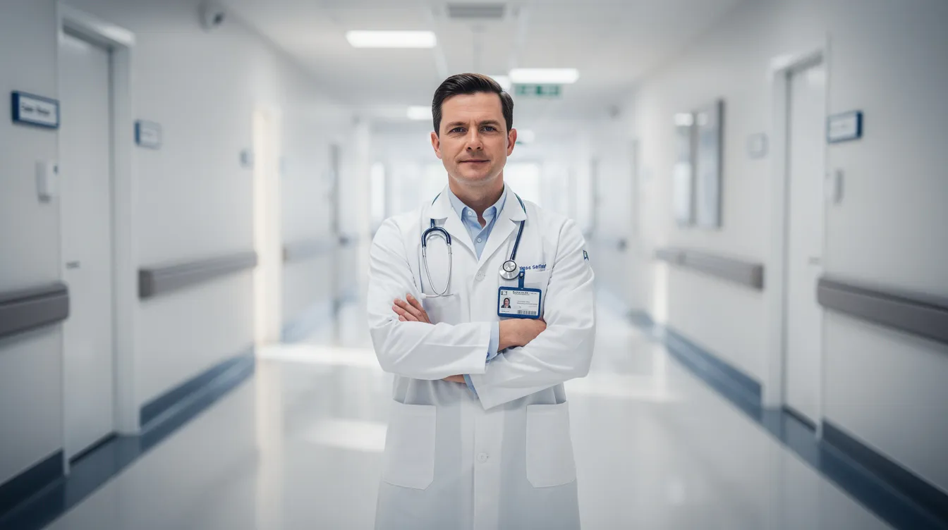 The image features a confident physician standing in a modern medical clinic hallway, embodying professionalism and expertise in cosmetic and reconstructive plastic surgery. The bright, clean environment reflects a focus on patient safety and advanced techniques in aesthetic procedures.
