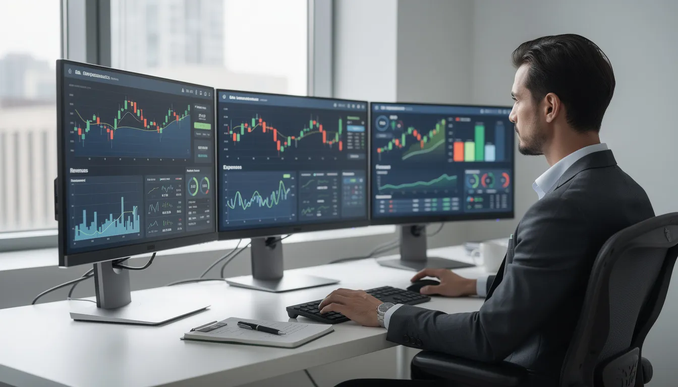 A professional is analyzing financial dashboards and data on multiple monitors, showcasing the use of technology in overseeing business operations. This scene reflects the strategic direction and financial performance critical to the success of a company's leadership, including roles like the chief financial officer and other C-suite executives.