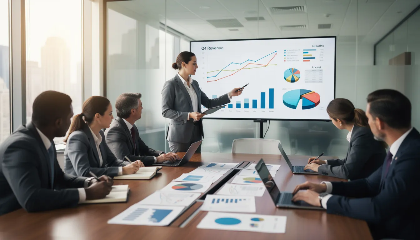 A diverse business team is gathered around a conference table, intently analyzing various financial charts and statements during a strategy meeting. They are discussing key indicators of the company's financial health, including gross profit margins and operating expenses, to enhance profitability and generate income.