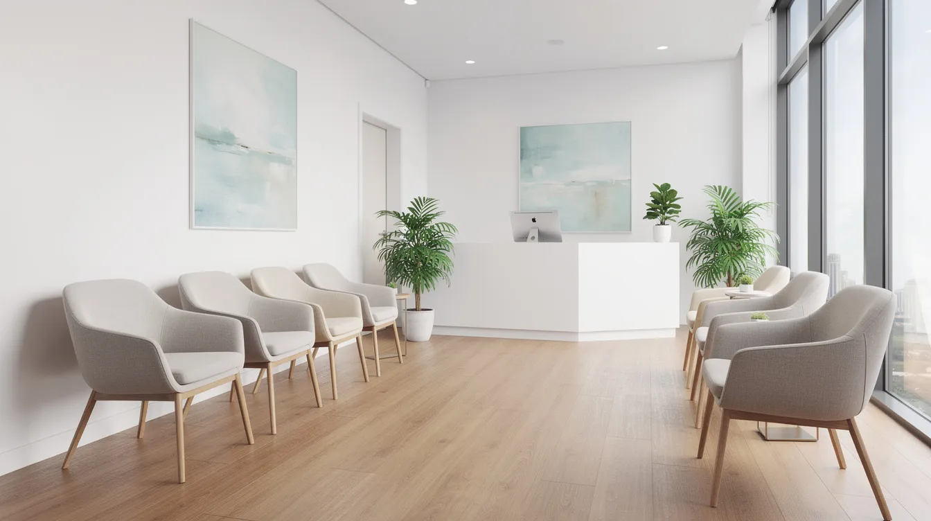 The image depicts a modern and bright medical office waiting room featuring a clean design with ample natural light. This inviting space is designed for patients seeking cosmetic and reconstructive plastic surgery, creating a comfortable atmosphere for those awaiting their consultation with board certified plastic surgeons.
