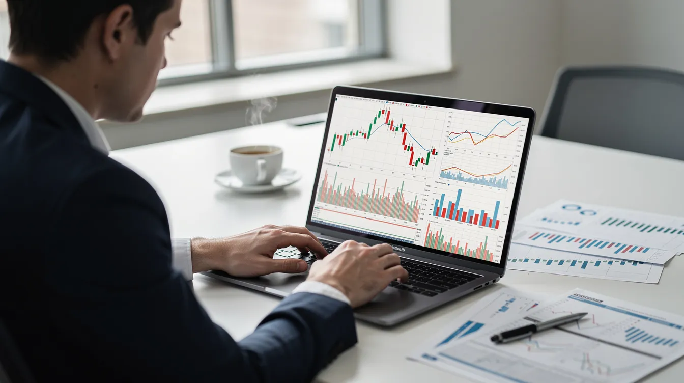 A business professional sits at a desk, intently analyzing financial charts on a laptop while sipping coffee, highlighting the importance of earnings analysis and the company's financial performance. The scene captures the essence of a detailed analysis of financial statements, reflecting on the business's financial health and operational efficiency.