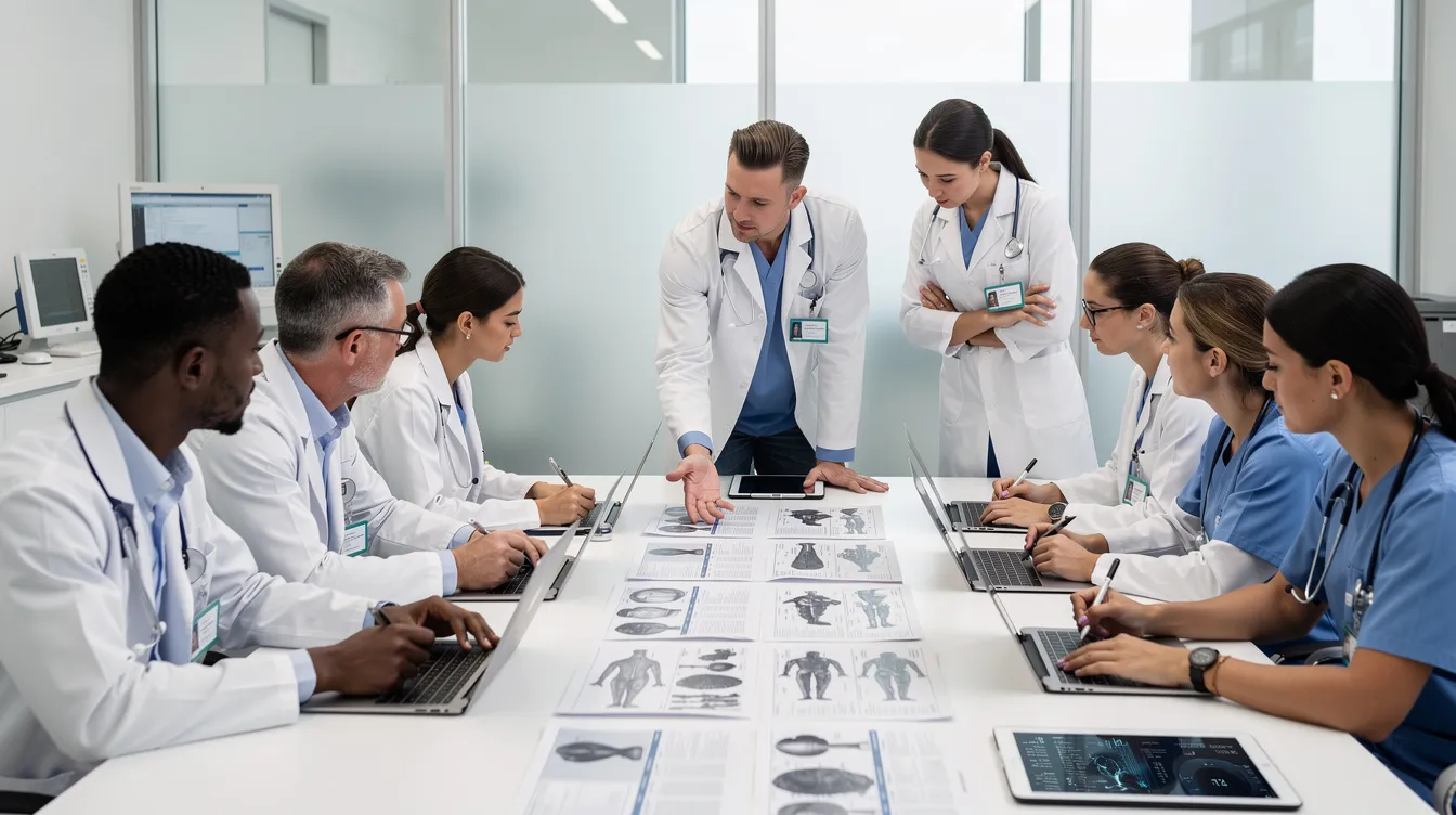 The image shows a group of medical professionals, including plastic surgeons, engaged in a discussion around a conference table in a clinical setting. They appear to be collaborating on various topics related to cosmetic and reconstructive surgery procedures, emphasizing patient safety and advanced techniques.