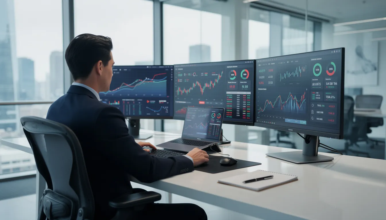 A professional is focused on analyzing financial dashboards displayed on multiple screens in a modern office, assessing key indicators of the company's financial health such as gross profit, net income, and operational expenses. This scene emphasizes the importance of leveraging data analytics for effective financial planning and maximizing profit.